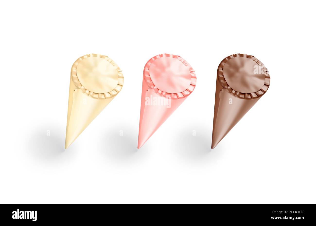 Blank colored ice cream cone pack mockup no gravity, isolated Stock