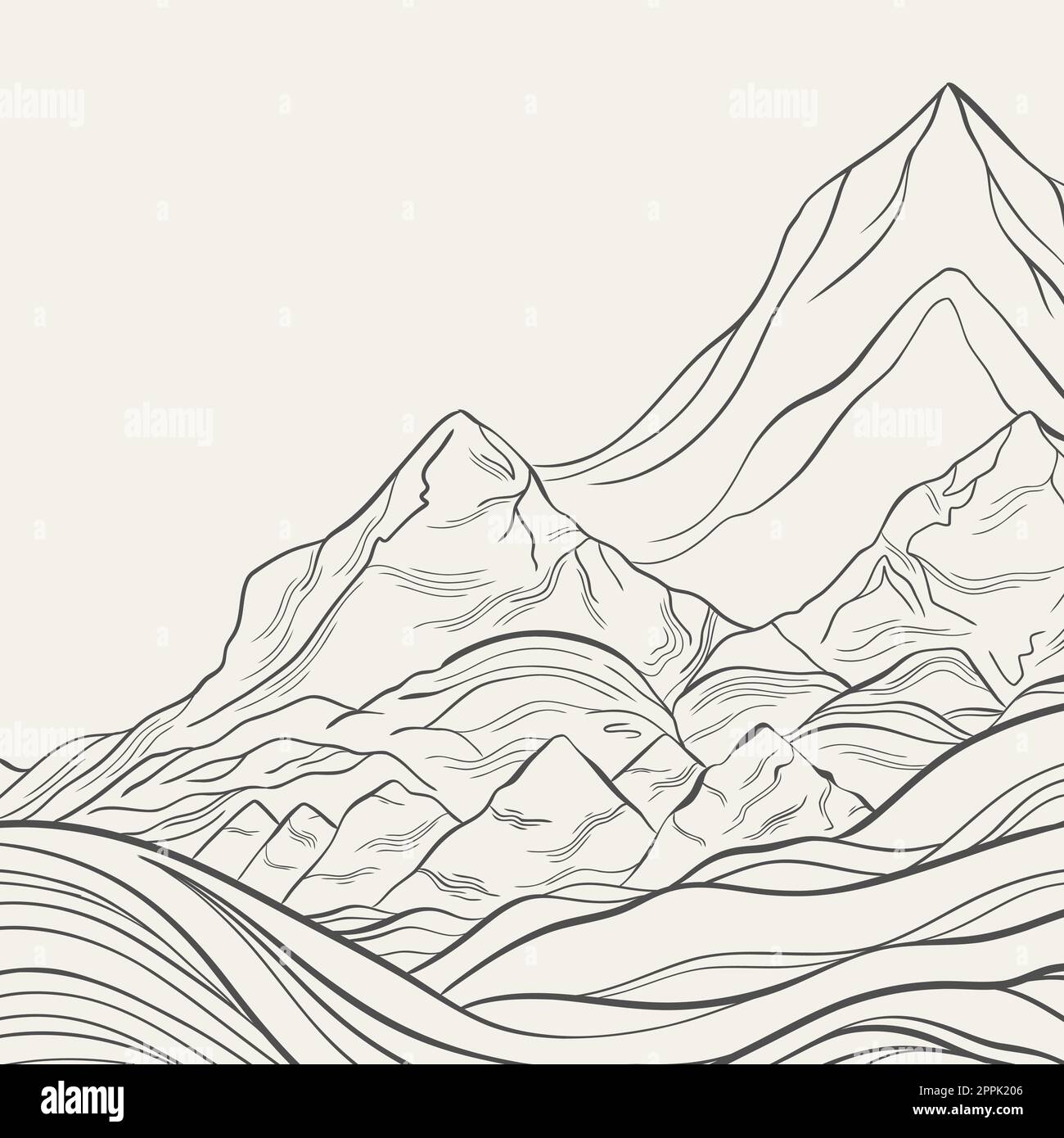 freehand sketch of a mountain landscape with thin graceful lines linear mountains on a black background 2PPK206