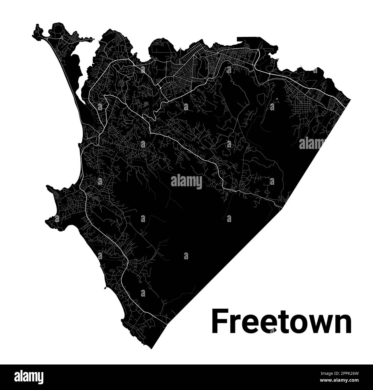 Freetown, Sierra Leone map. Detailed black map of Freetown city administrative area. Cityscape poster metropolitan aria view. Black land with white ro Stock Vector