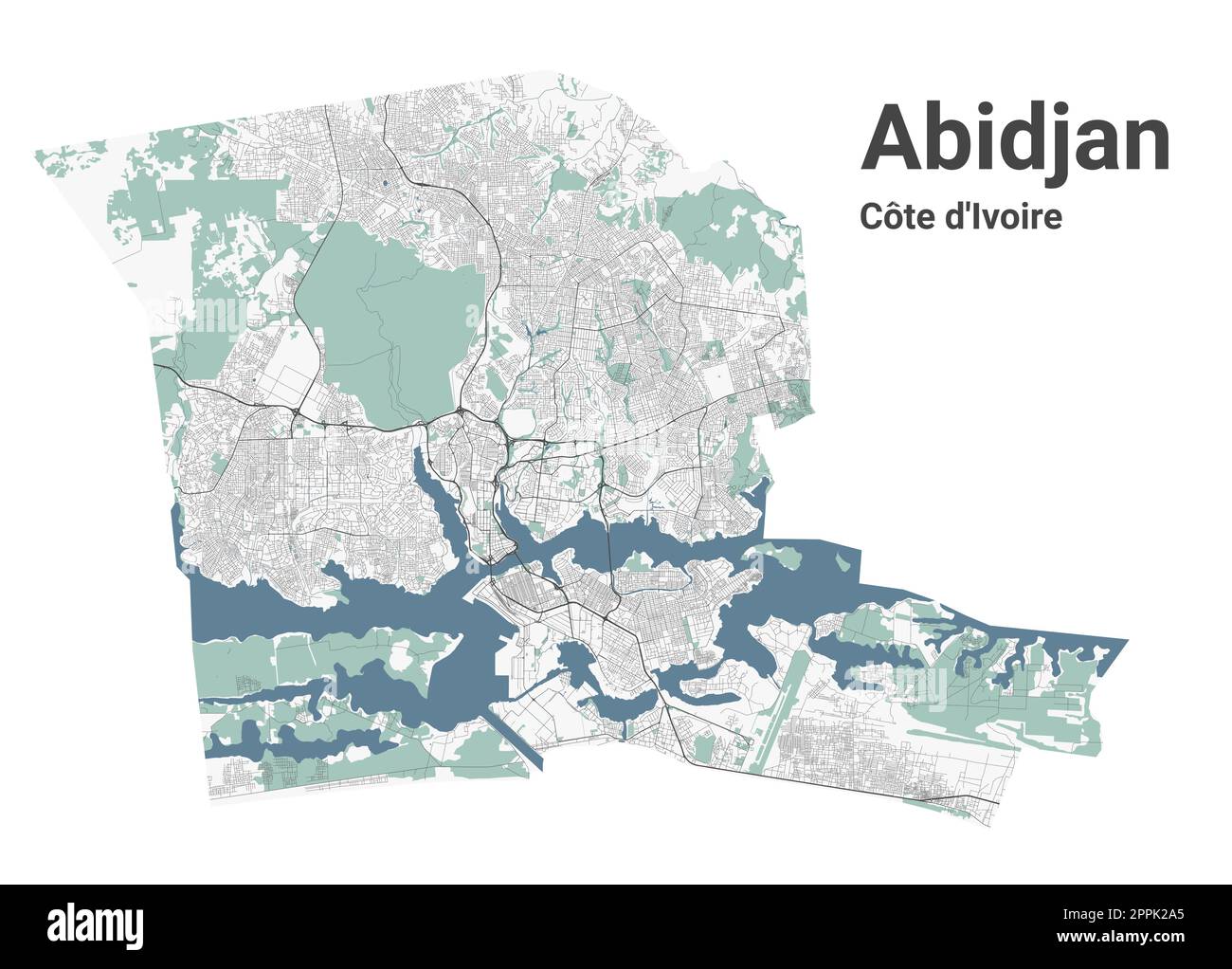 Abidjan map, capital city of Cote d'Ivoire. Municipal administrative area map with rivers and roads, parks and railways. Vector illustration. Stock Vector