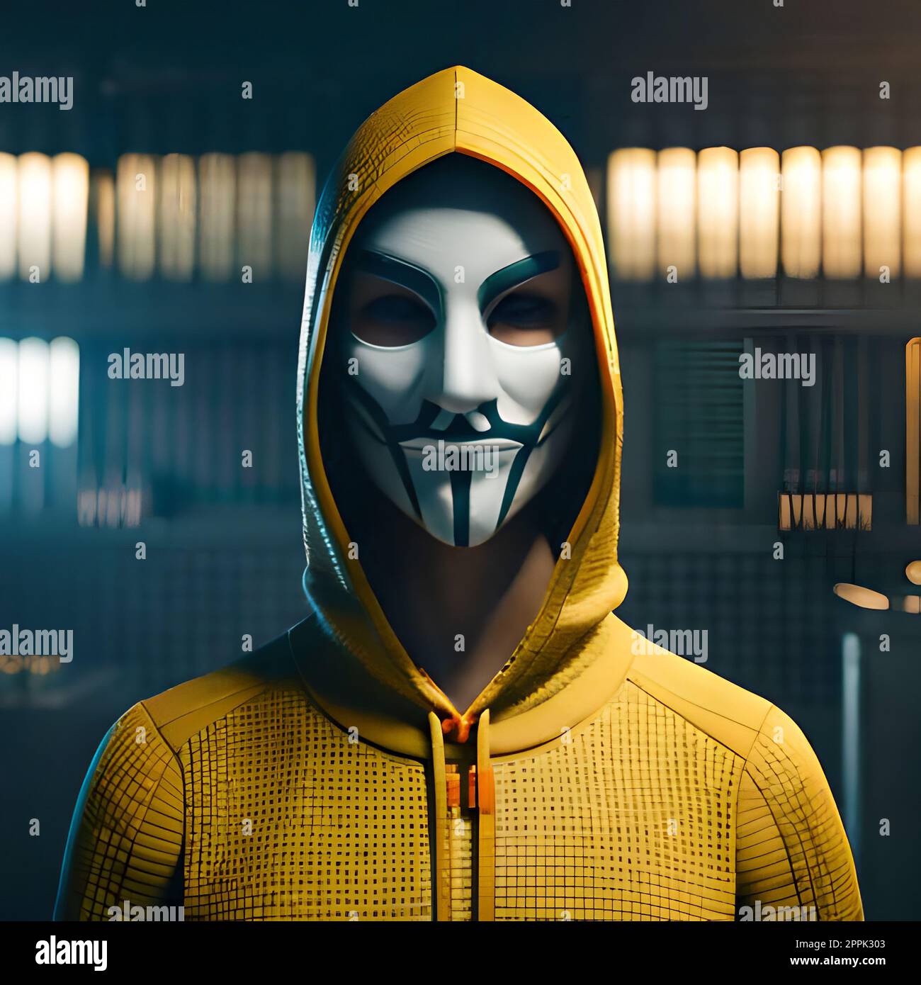 Hooded hacker looking straight ahead hiding his face with an anonymous mask.- Stock Photo