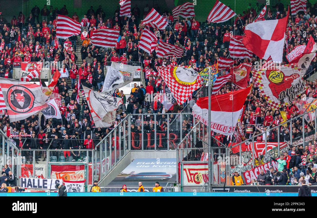 sports, football, Bundesliga, 2022/2023, Borussia Moenchengladbach vs. 1. FC Union Berlin 0-1, Stadium Borussia Park, Berlin football fans with flags and banners, DFL REGULATIONS PROHIBIT ANY USE OF PHOTOGRAPHS AS IMAGE SEQUENCES AND/OR QUASI-VIDEO Stock Photo