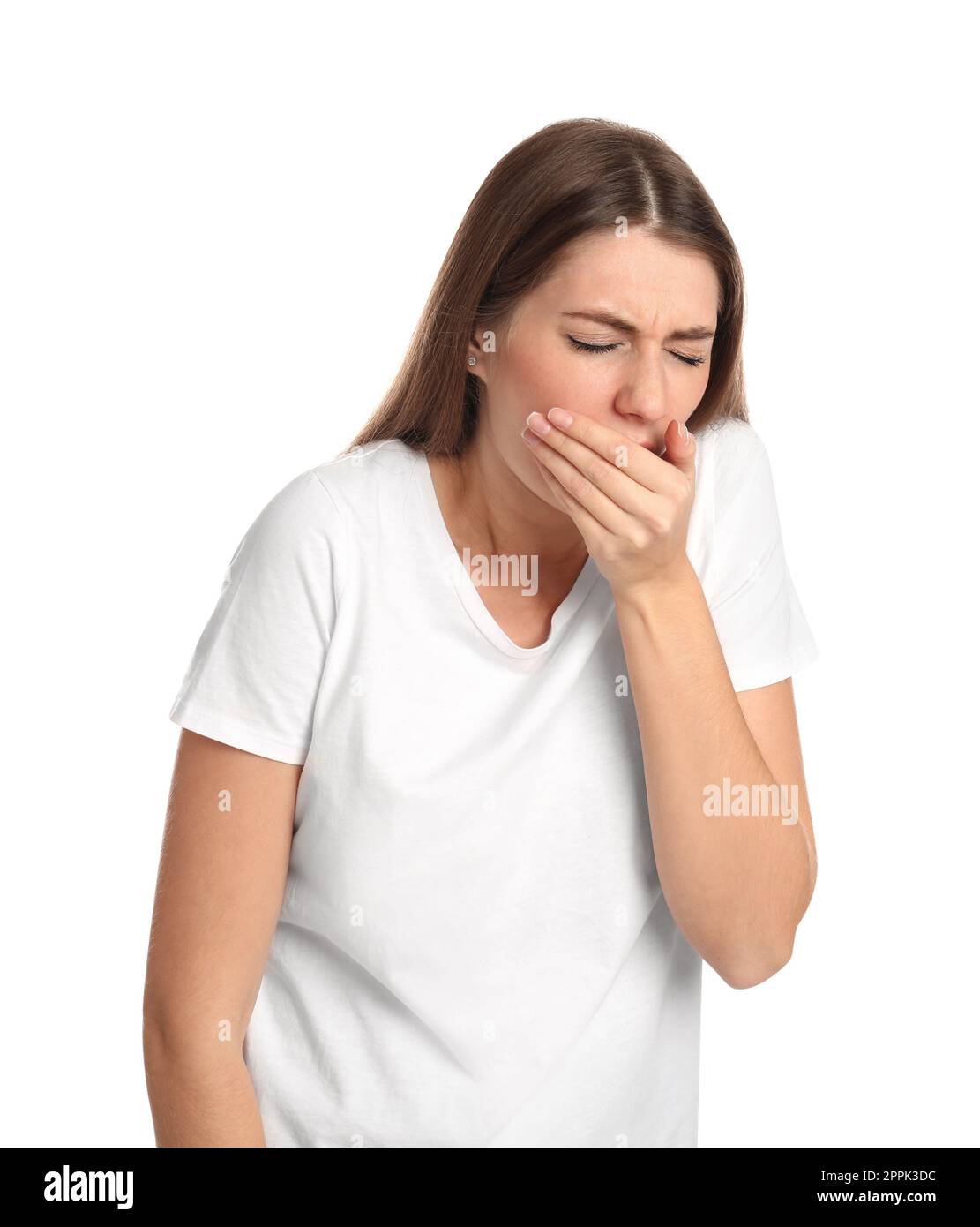 Woman suffering from nausea on white background. Food poisoning Stock