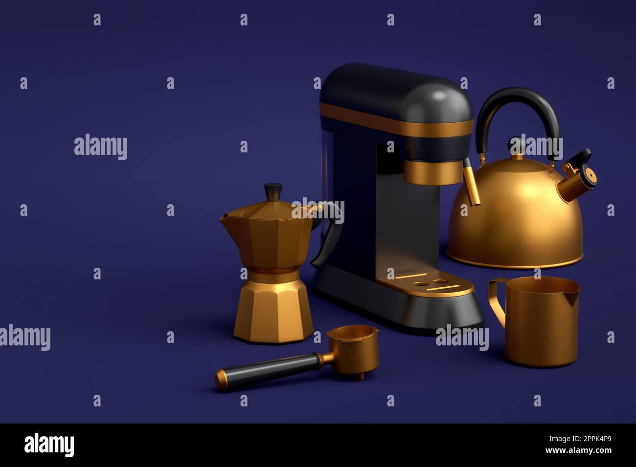 Espresso coffee machine, kettle with horn and geyser coffee maker for