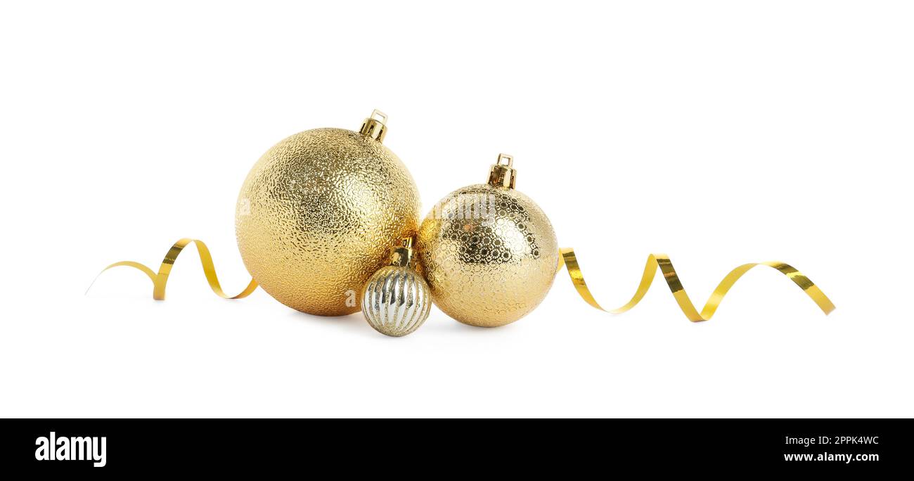 Beautiful shiny golden Christmas balls on white background Stock Photo