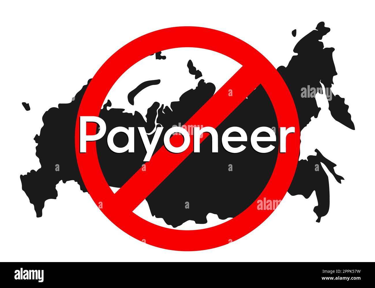 Kyiv, Ukraine - November, 15 2022: Logo Payoneer financial system logo under red prohibition sign with Russian map at background. Sanctions against Russia, and disconnection from payments through war. Stock Photo