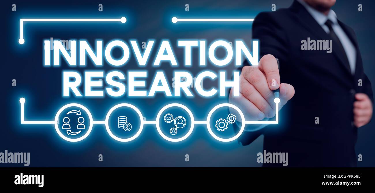 Text caption presenting Innovation Research. Business approach Existing Products Services come into New Being Stock Photo