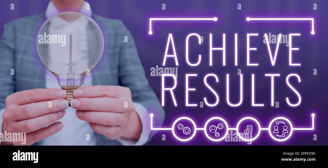 Text sign showing Achieve Results. Business showcase Simultaneous process of taking action and doing research Woman With A Light Bulb Image In A Graphic Frame Displaying Digital Data. Stock Photo