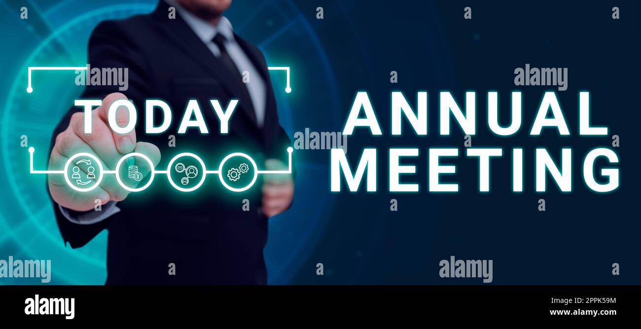 Inspiration showing sign Annual Meeting. Internet Concept Graphic artist Software Programmer and Analyst Experts Man With A Pen Pointing On Digital Symbols Showing Creative Ideas. Stock Photo