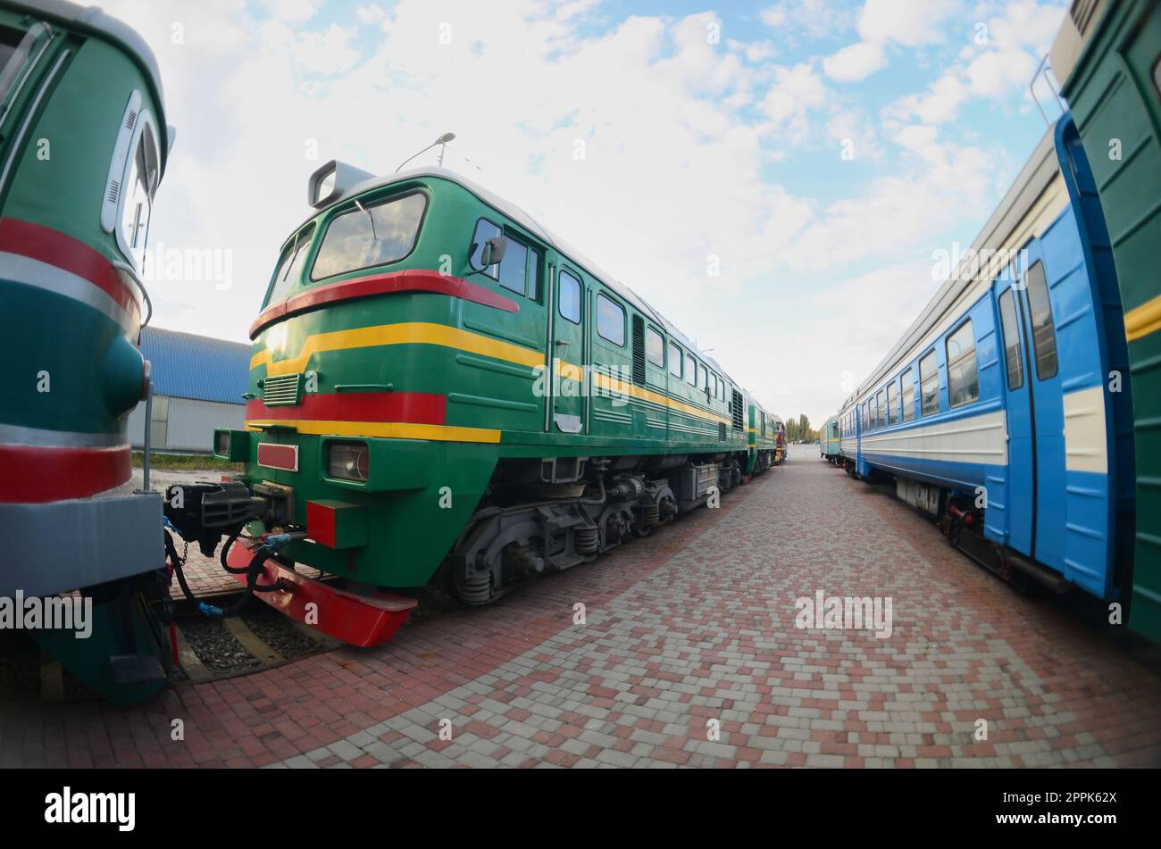 Photo of modern electric trains of Russian production. Strong distortion from the fisheye lens Stock Photo