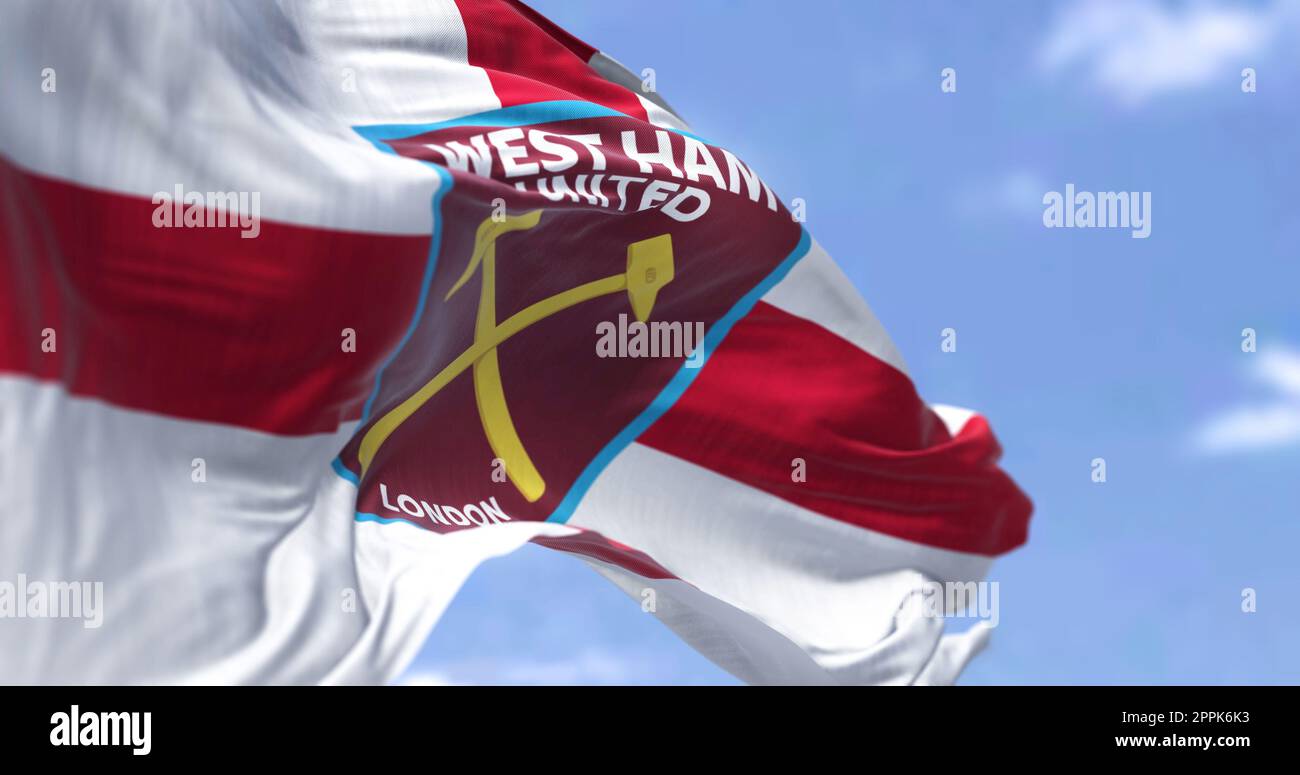 London, UK, Oct. 2022 The flag of West Ham United F.C. waving in the
