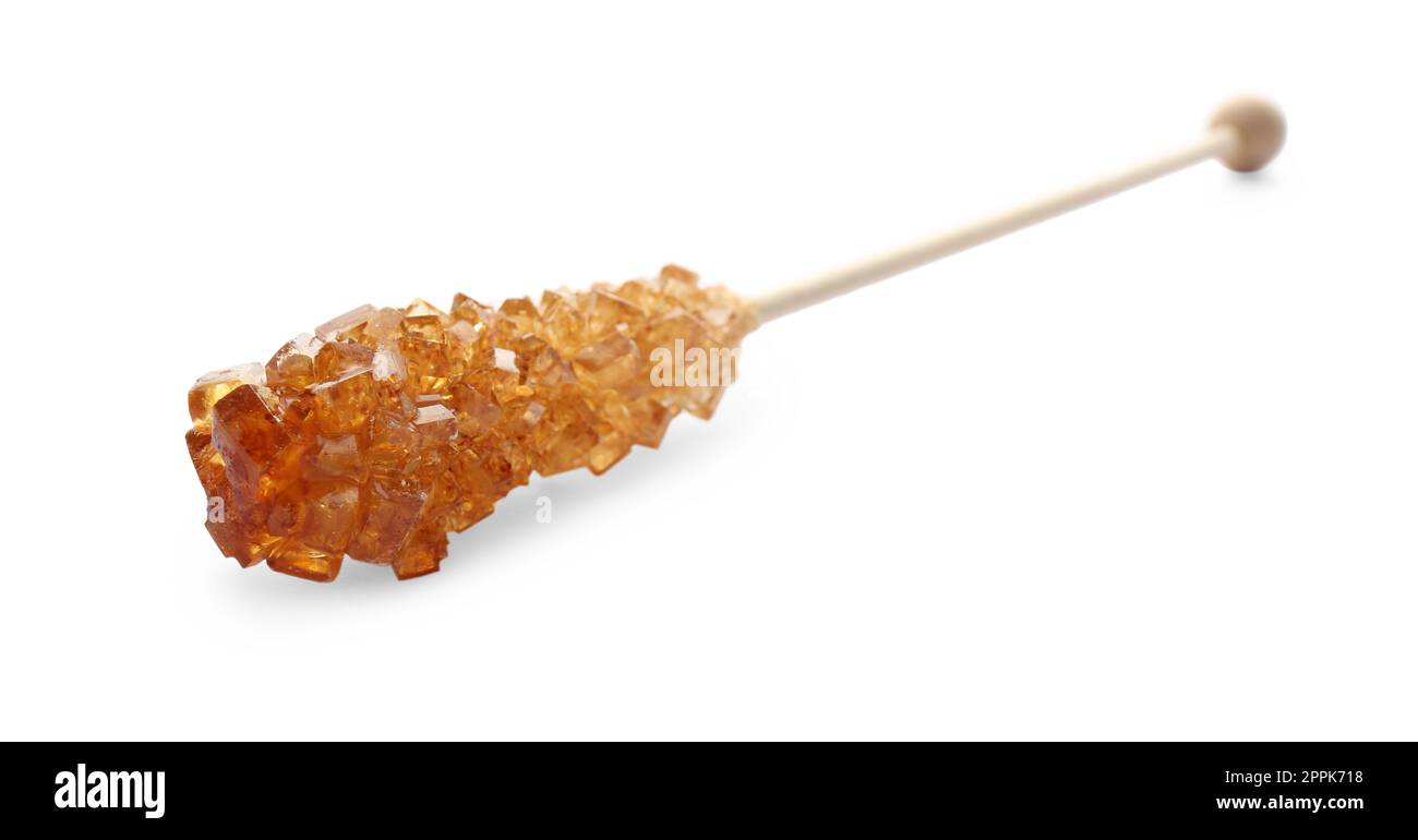 Wooden stick with sugar crystals isolated on white. Tasty rock