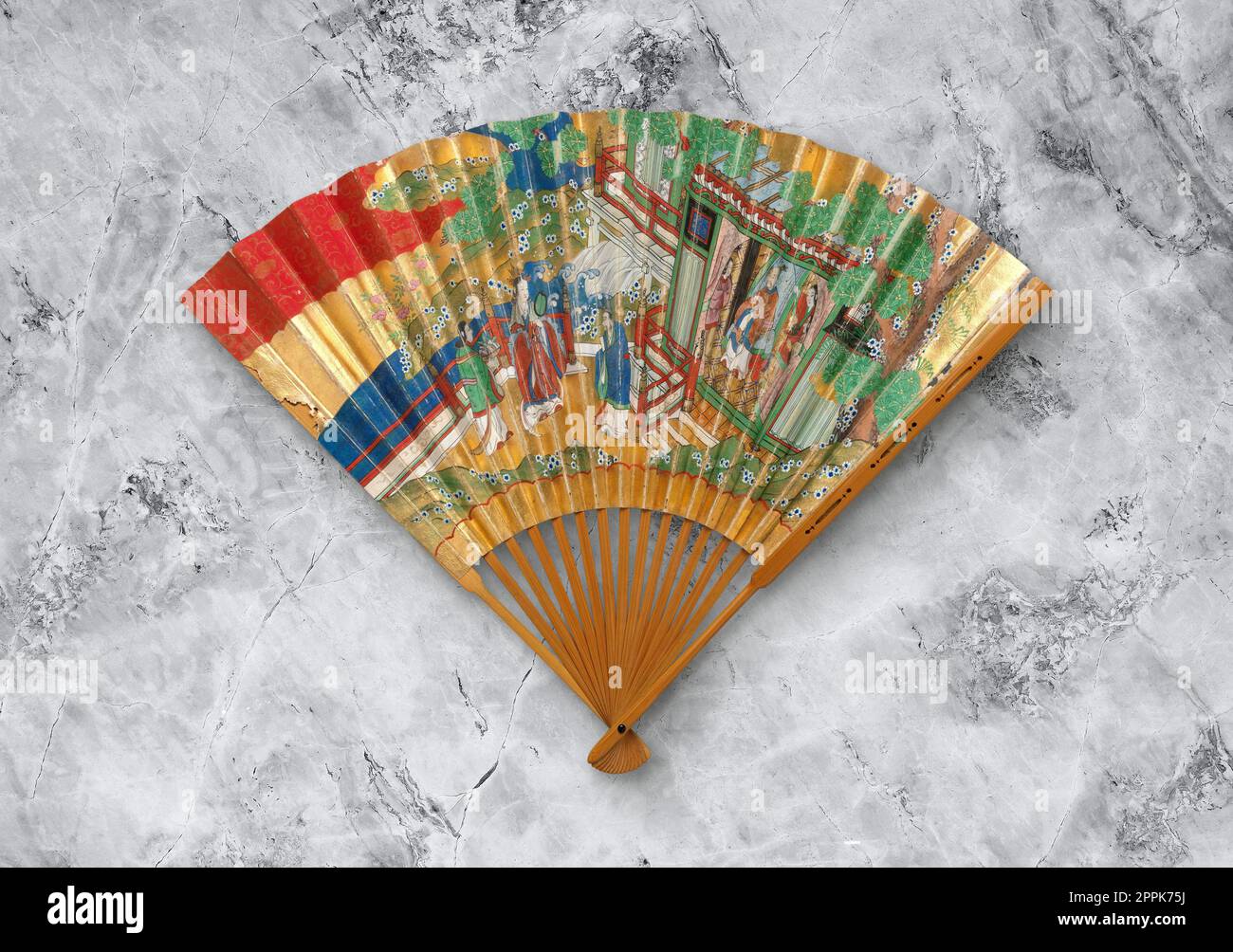 Old Japanese folding fan from early 19th century on gray background Stock Photo Alamy