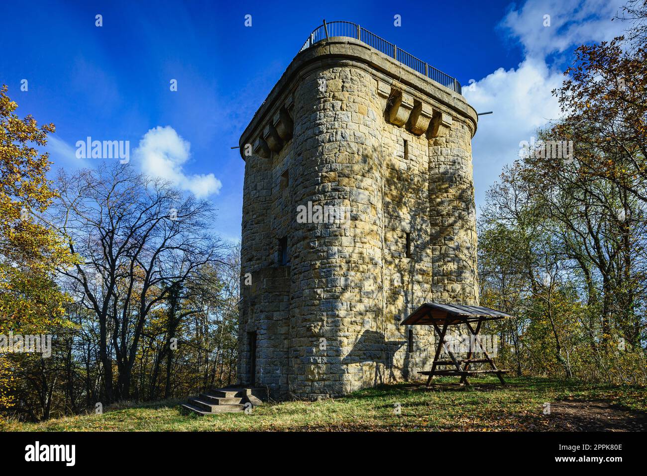 Colorful autumn day with the Bismarck Tower near Ballenstedt in Saxony-Anhalt, Germany Stock Photo