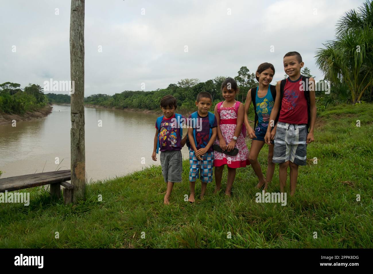 kids waiting on the school river bus, Amazonia Stock Photo Alamy