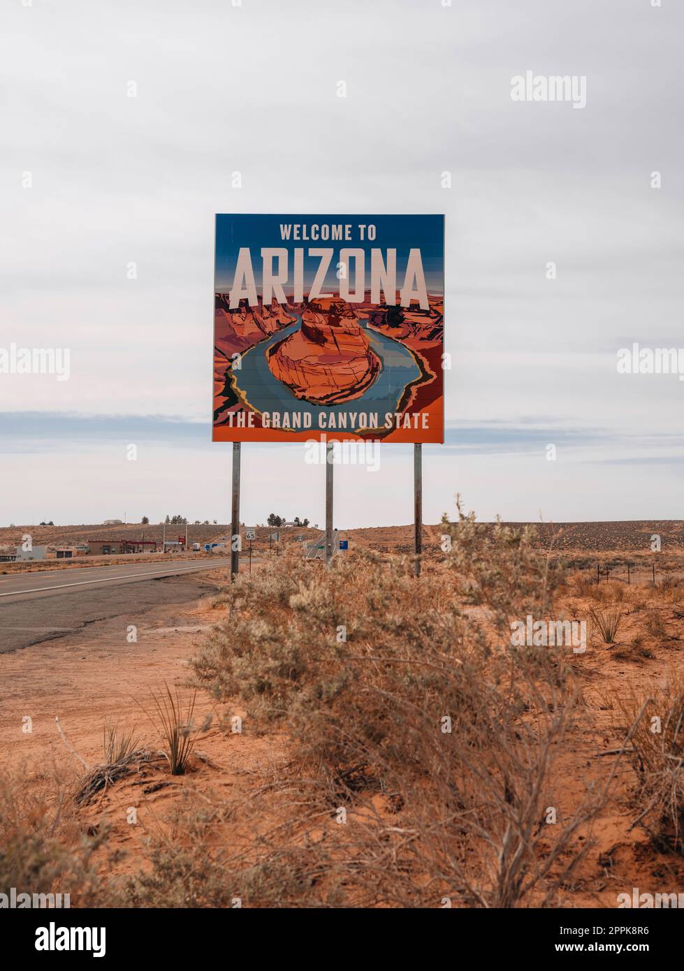St. George, Utah, USA - April 22, 2023 : Welcome to Arizona State Sign situated along I-15 at the border with Utah. Stock Photo