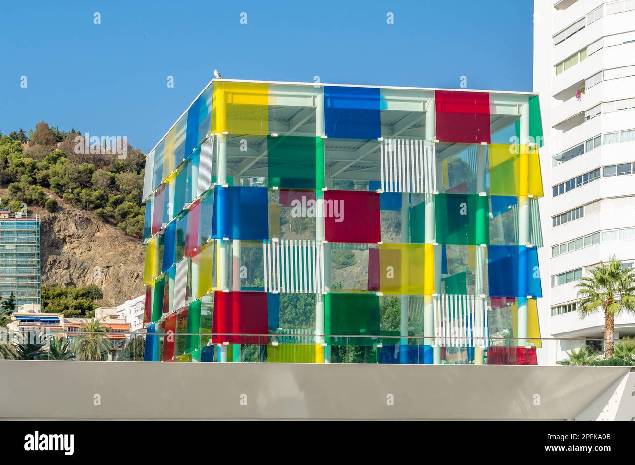 MALAGA, SPAIN - OCTOBER 12, 2021: The Centre Pompidou Malaga, part of the National Center of Art and Culture Georges Pompidou of France, located in the space called El Cubo (The Cube) in Malaga, Spain, inaugurated in 2015 Stock Photo