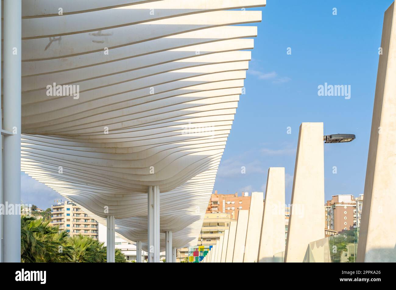 MALAGA, SPAIN - OCTOBER 12, 2021: Modern architecture, detail of the pergola on the seafront in Malaga, Spain, inaugurated in 2011 Stock Photo