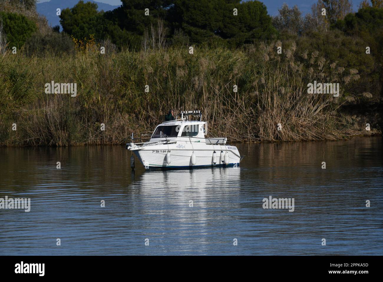 a boat in the delta of the Ebro river, Tarragona province, Spain, November 2022 Stock Photo
