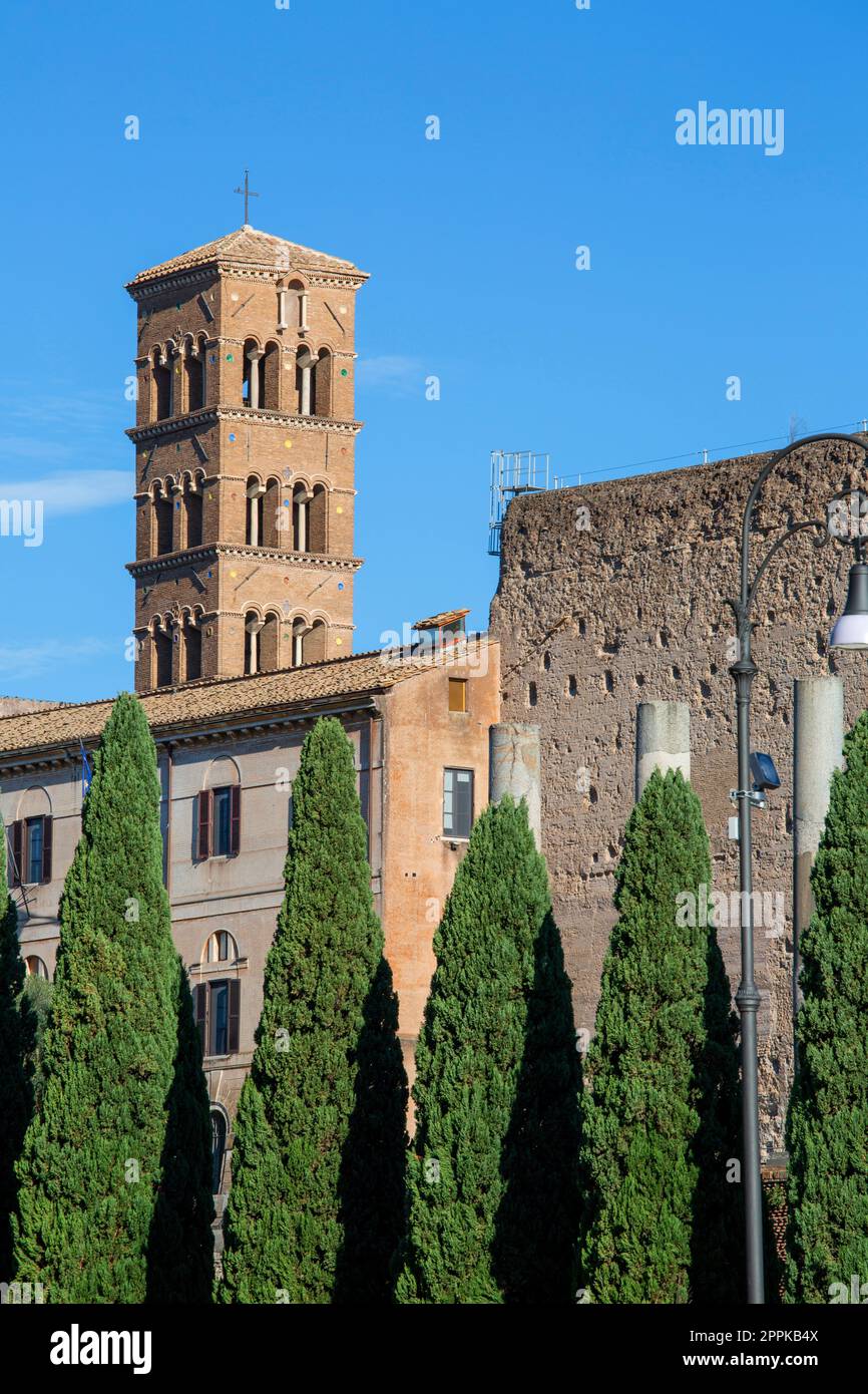 12th century romanesque style bell tower of Santa Francesca Romana Basilica, Roman Forum, Rome, Italy Stock Photo