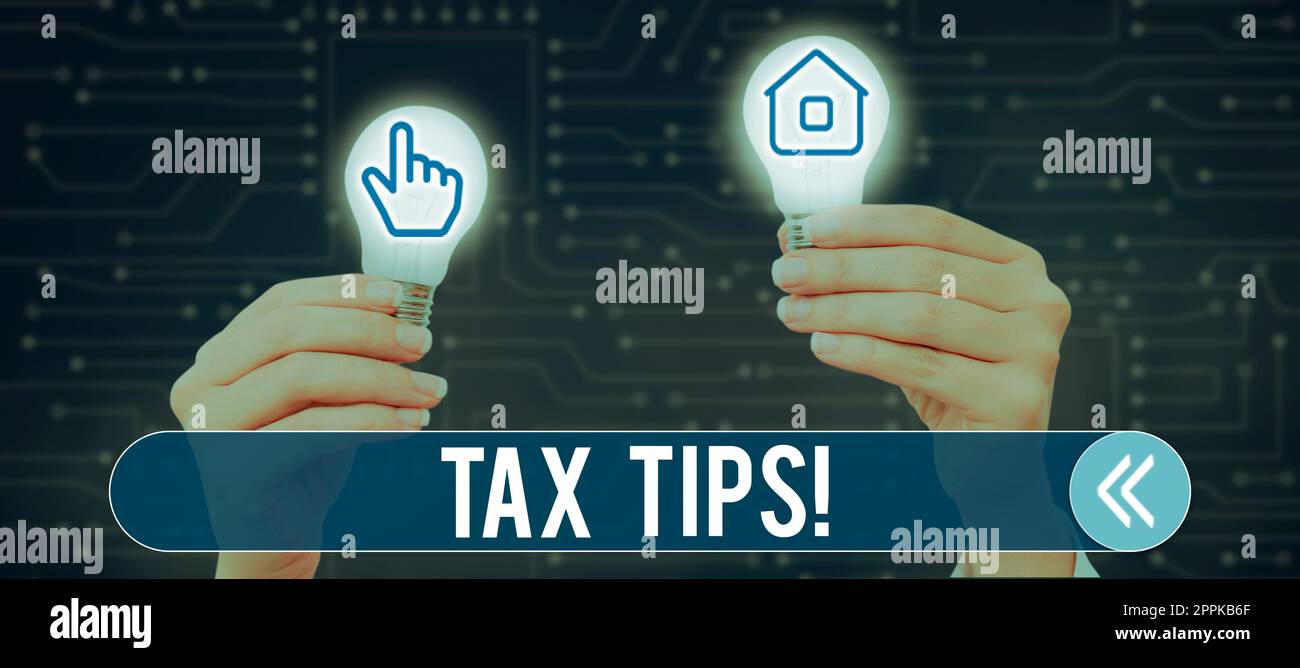 Conceptual caption Tax Tips. Business approach Help Ideas for taxation Increasing Earnings Reduction on expenses Stock Photo