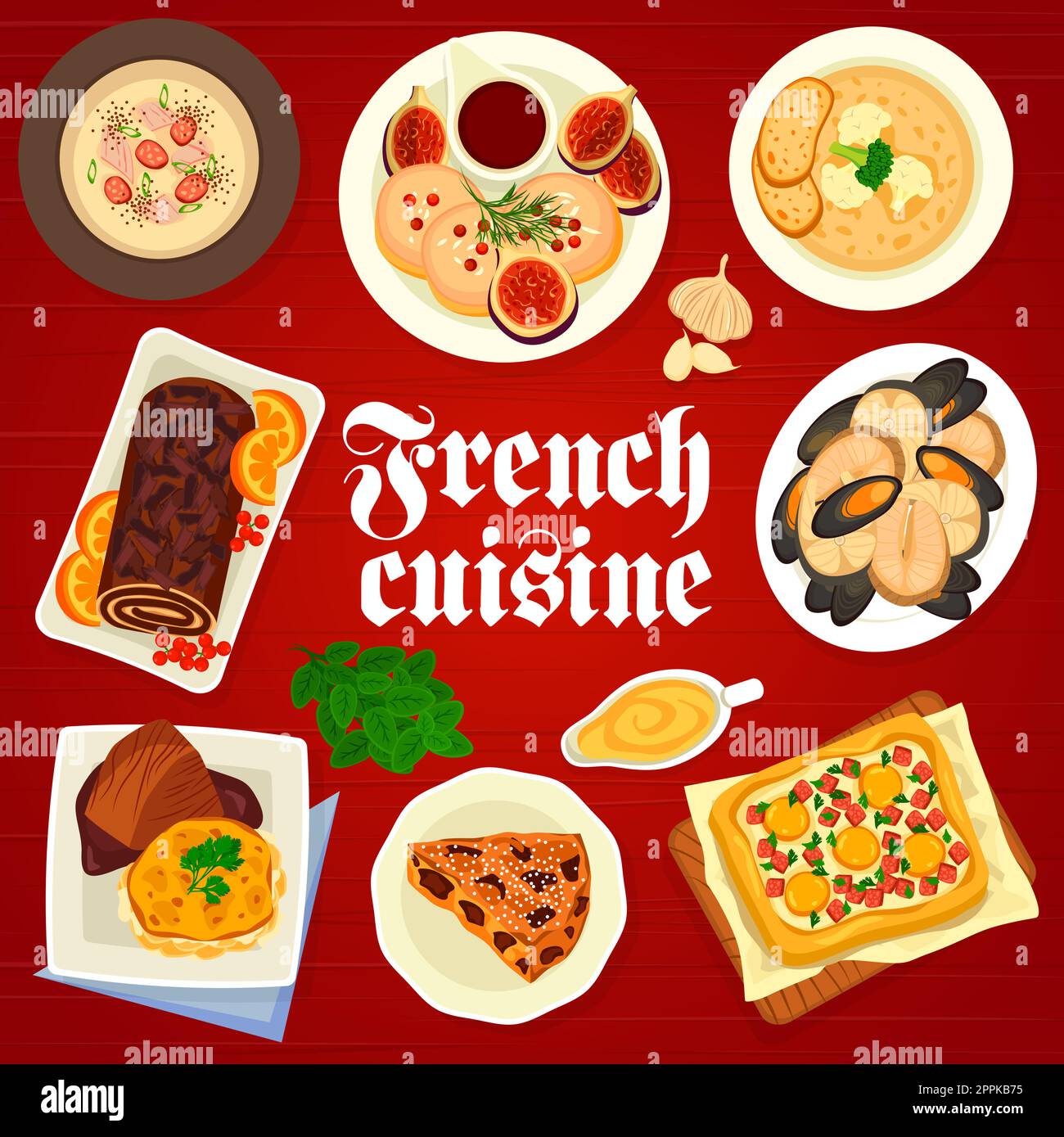 French cuisine menu cover, food dishes and meals of France, gourmet dinner, vector. French cuisine or Paris restaurant meals, fish stew with foie gras Stock Vector