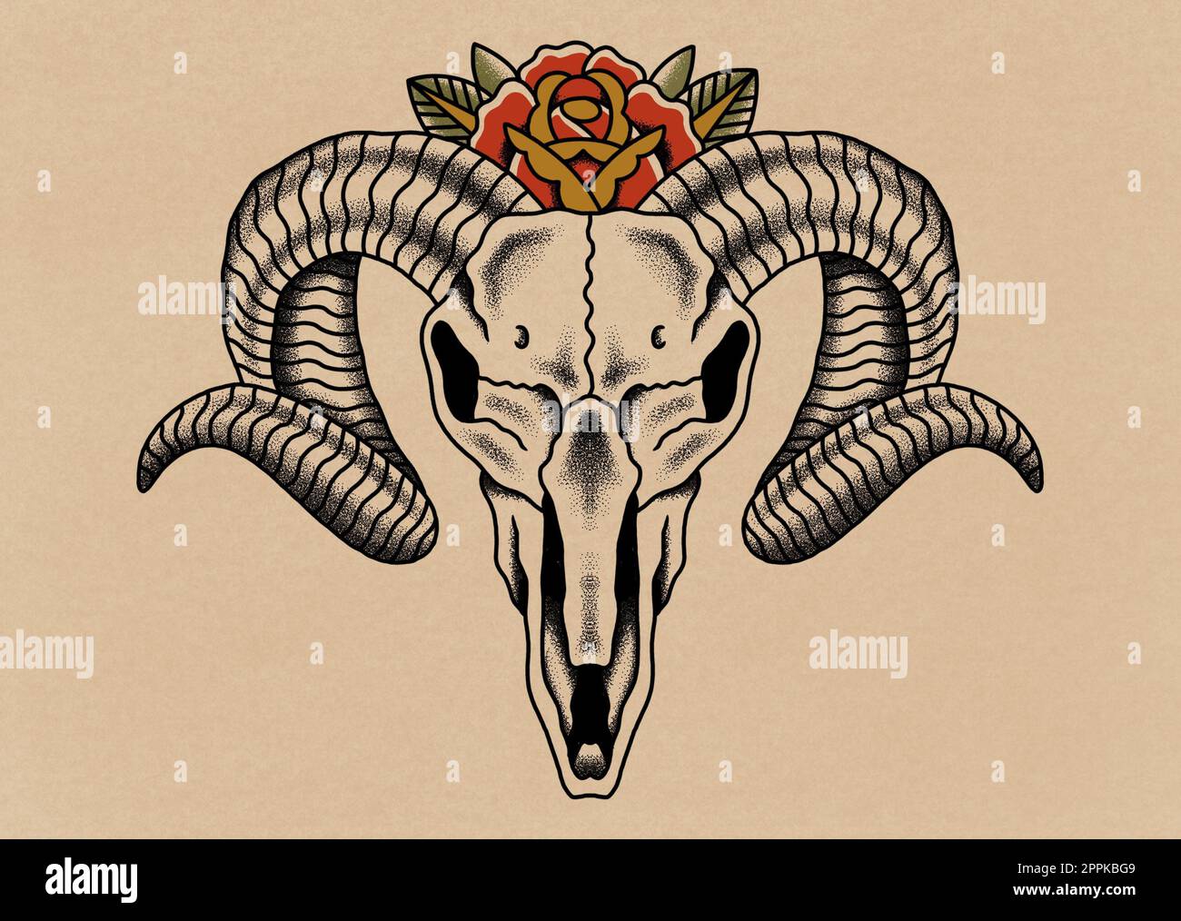 Old school tattoo art style drawing goat skull with rose on old paper background Stock Photo