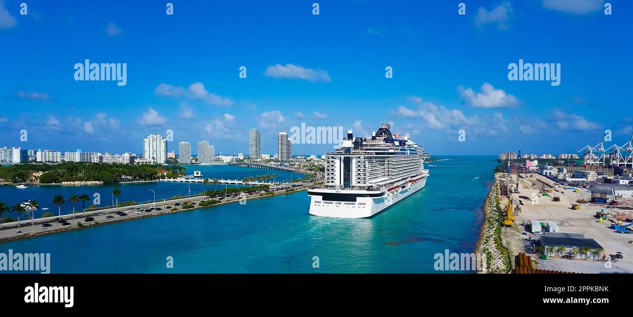 Miami, USA April 29, 2022 MSC Seashore cruise ship prepares for departure from Miami Stock