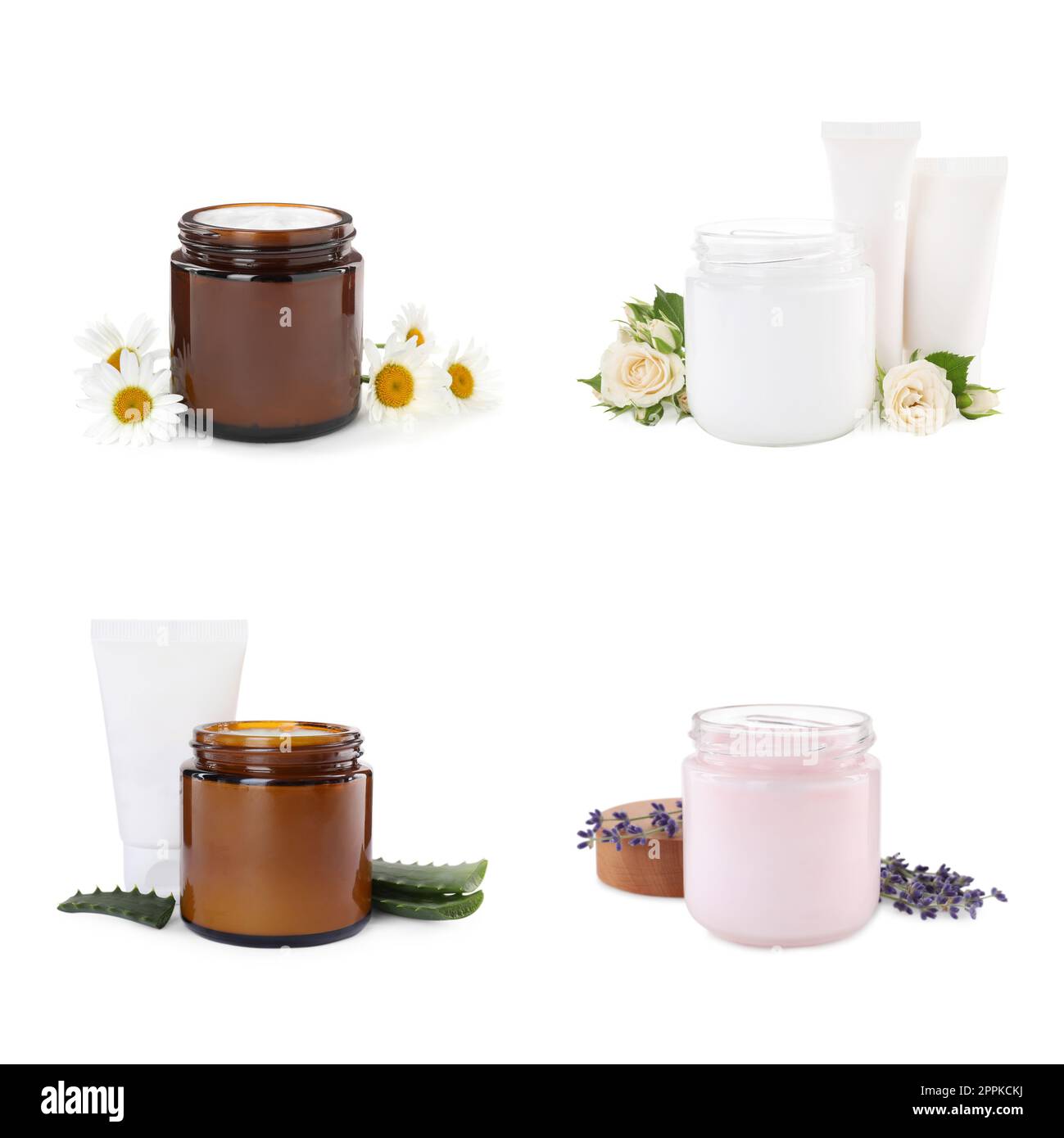 Set of different containers with hand creams on white background Stock