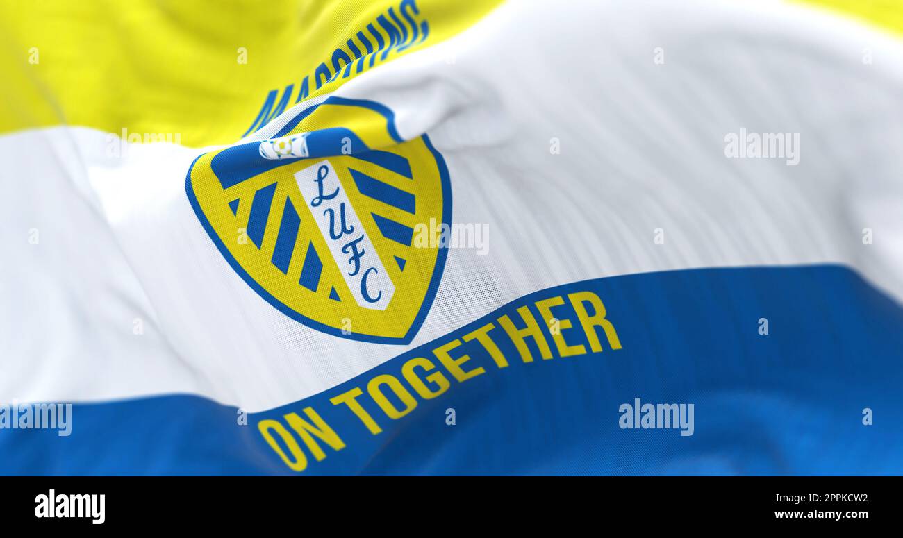 Leeds, UK, Oct. 2022 The Leeds United flag waving in the wind. White