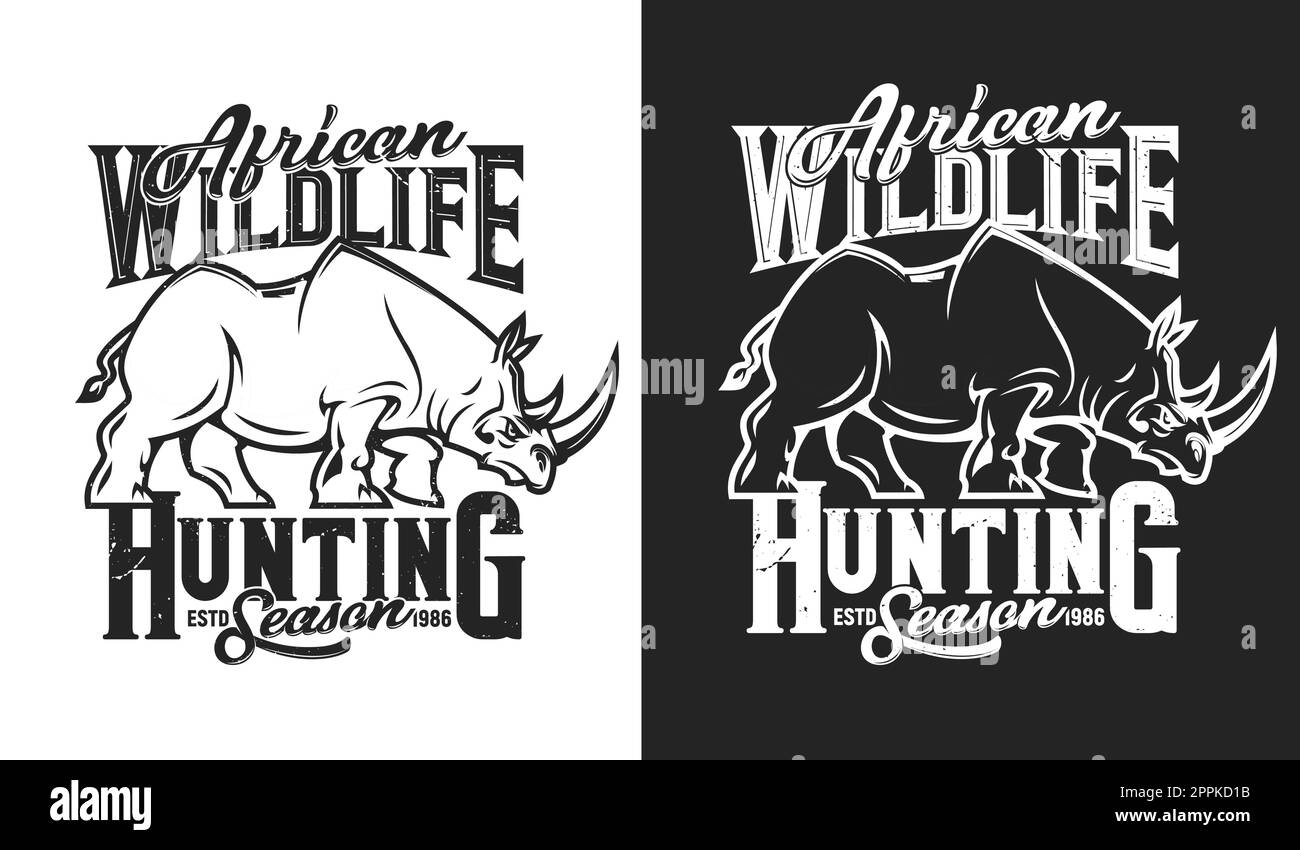 Angry rhino mascot, hunting sport club t-shirt print, vector rhinoceros