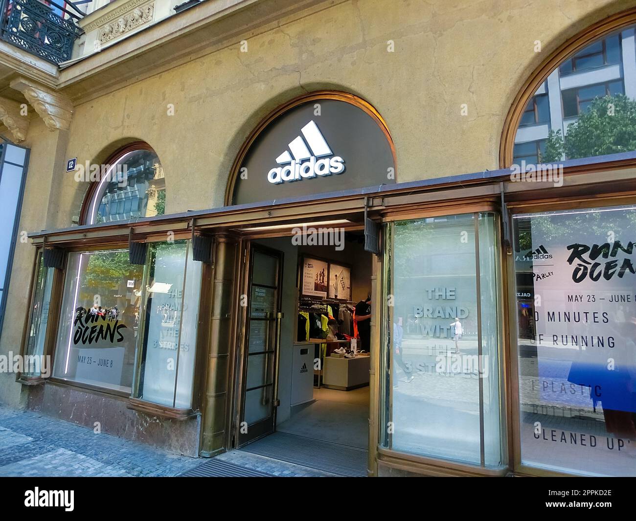 The facade of the Adidas store in Prague, Czech republic Stock Photo