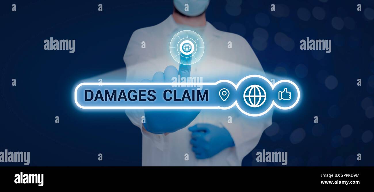Text caption presenting Damages Claim. Word for Demand Compensation Litigate Insurance File Suit Stock Photo