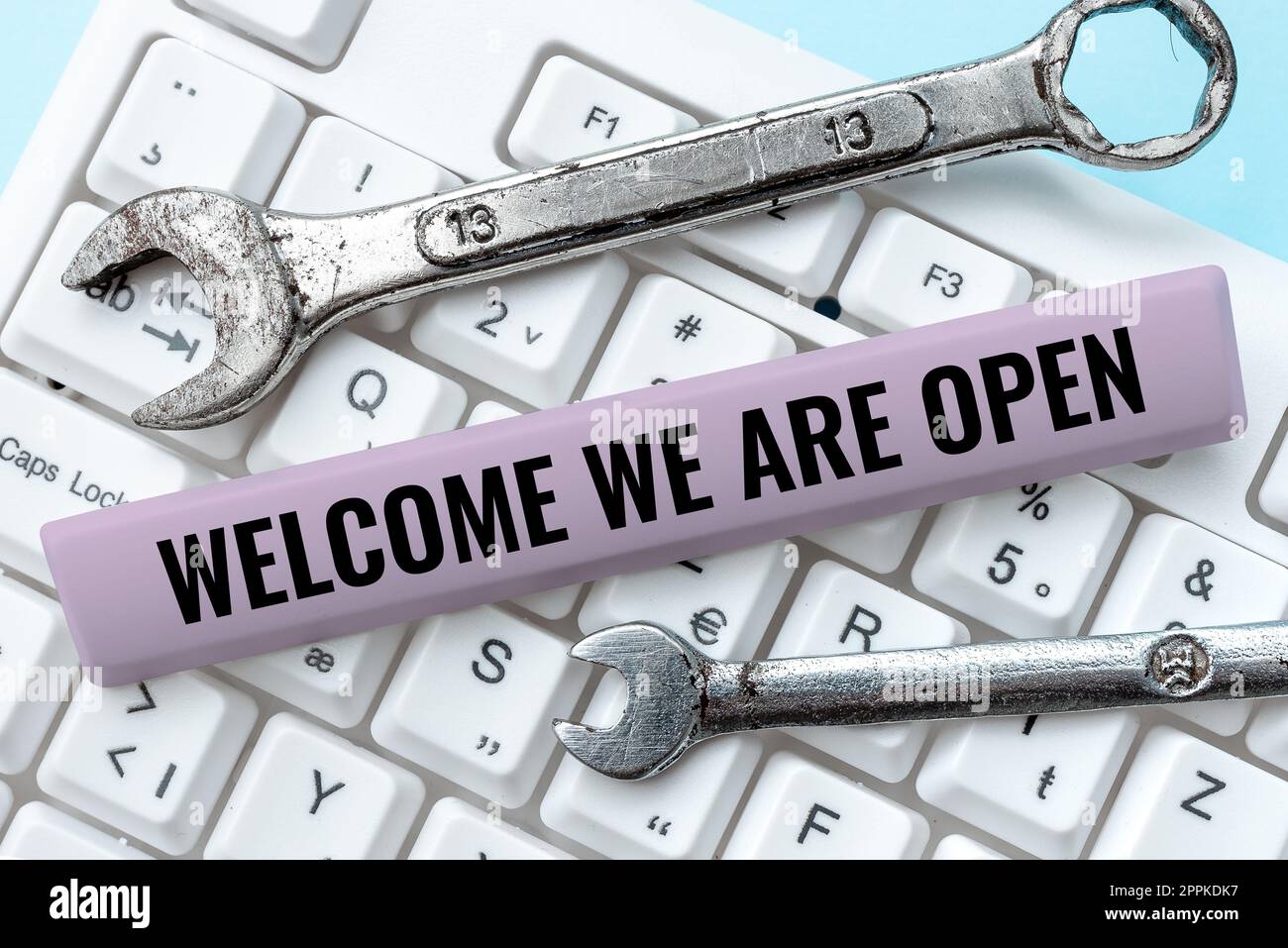 Text caption presenting Welcome We Are Open. Business overview Greeting making part of a work group new people Stock Photo