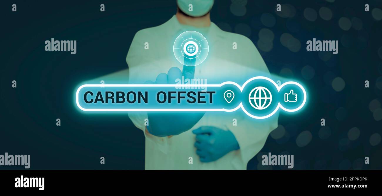 Text caption presenting Carbon Offset. Word for Reduction in emissions of carbon dioxide or other gases Stock Photo