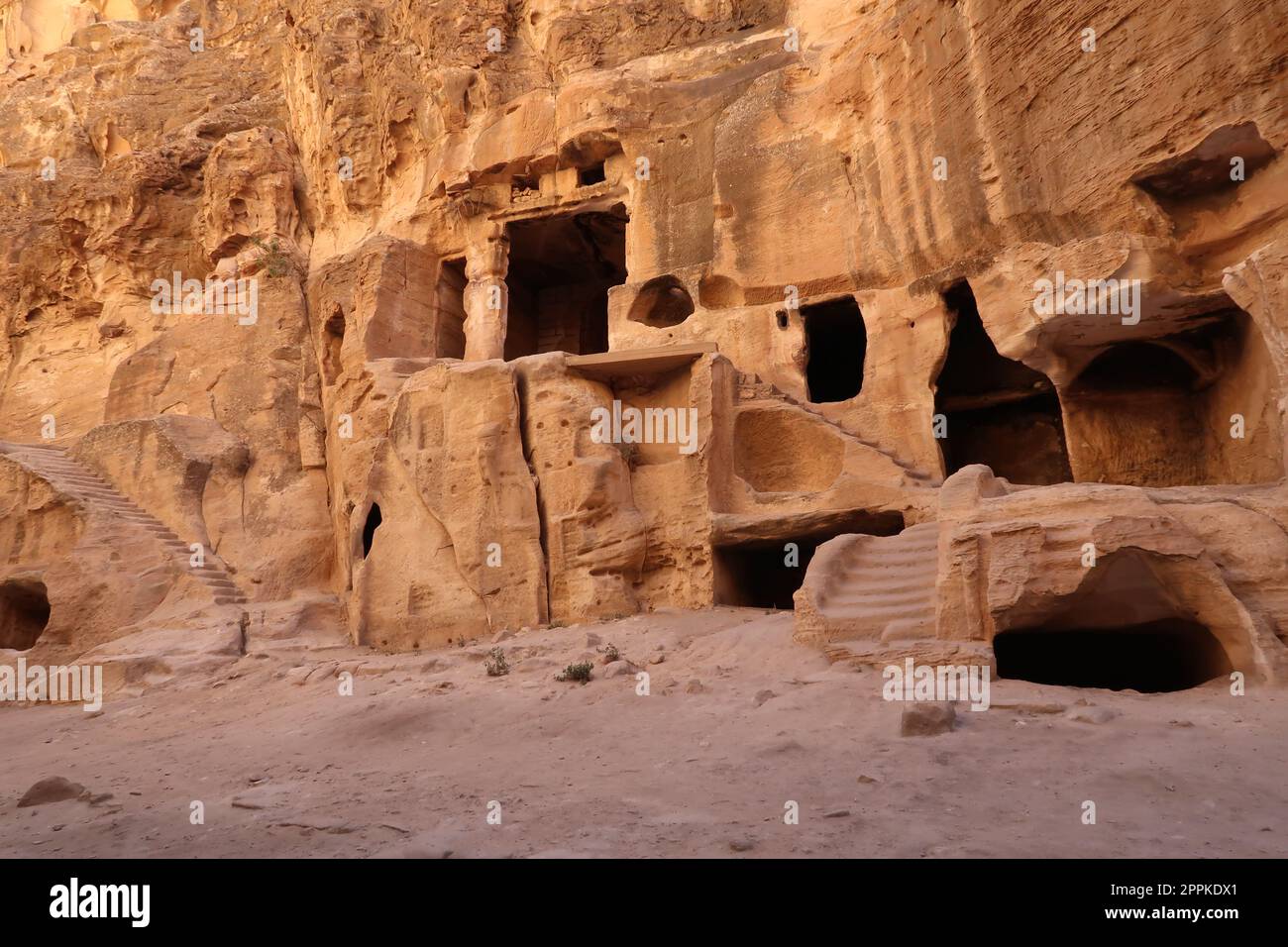 Two-storey rock structure in which the biclinium and Nabataean wall paintings can be found, Little Petra/Siq al-Barid, Jordan Stock Photo