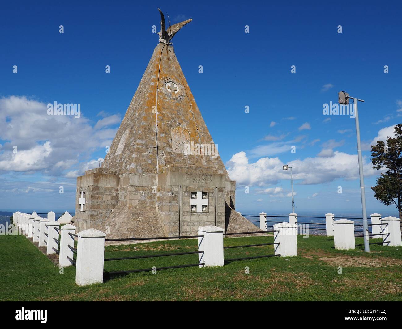 Banja Koviljaca, Loznica, Serbia 10.01.2022 Crni vrh is the highest peak of Guchevo mountain. A monument and ossuary to Serbian and Austro-Hungarian soldiers died at Gucevo during the First World War. Stock Photo