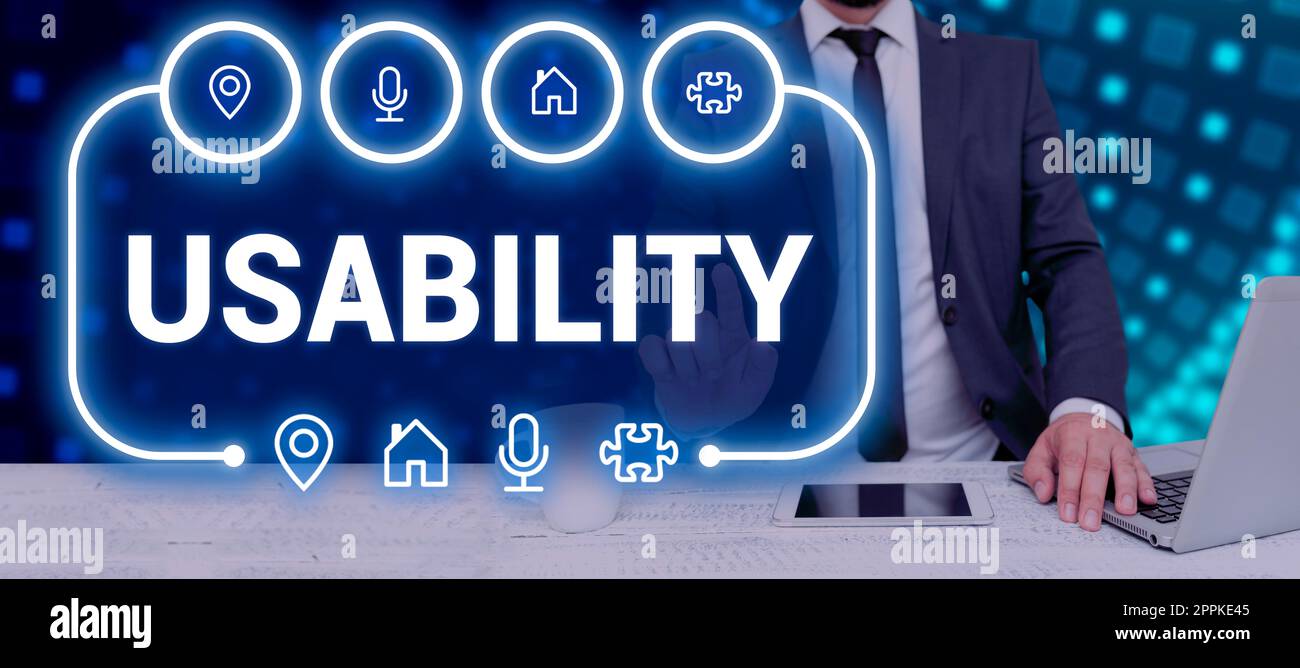 Writing displaying text Usability. Concept meaning A word assosiated with how one rates an objects usefulness Stock Photo