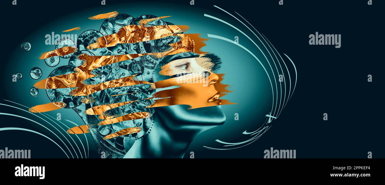 AI or Artificial Intelligence concept. Thinking businesswoman with gear mechanisms on her head. The education, idea or technology concept. Stock Photo