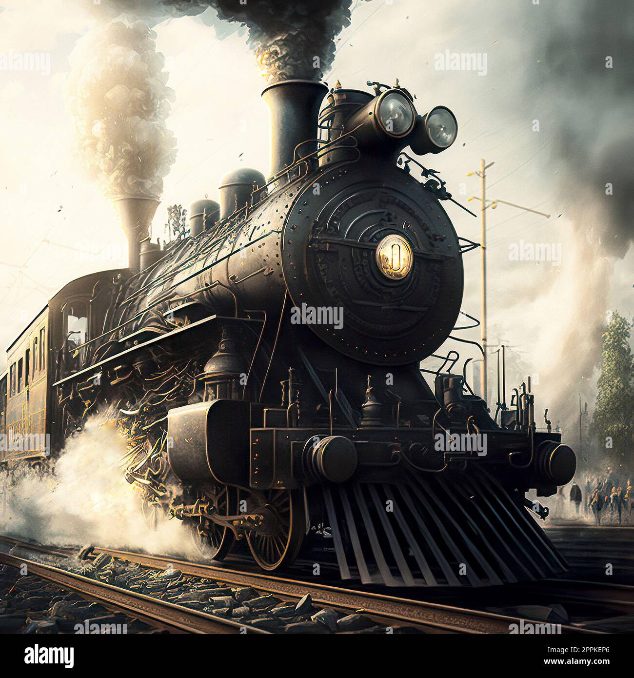A Steam Engine Train Traveling Down Train Tracks Stock Photo Alamy