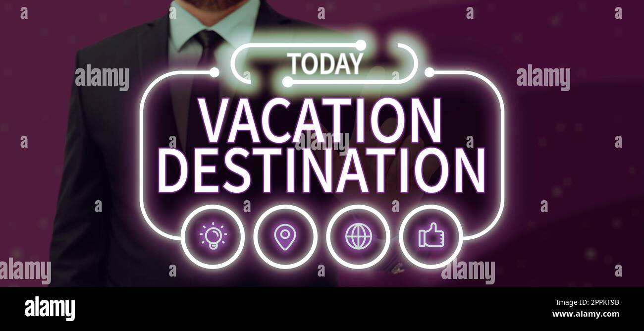 Hand writing sign Vacation Destination. Business idea a place where people go for holiday or relaxation Stock Photo