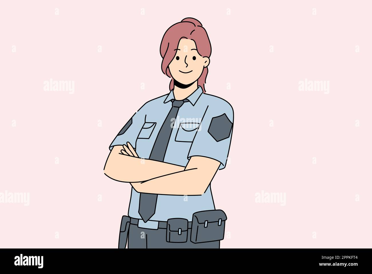 Smiling female police officer in uniform standing with arms crossed. Happy woman guard feeling confident show power and strength. Vector illustration.  Stock Vector