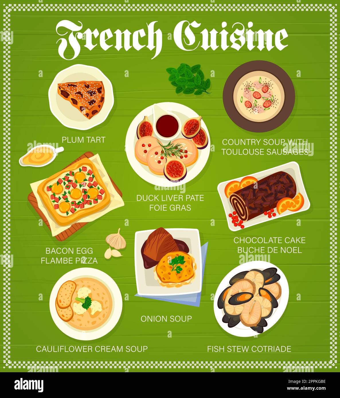 French cuisine menu, food of France, restaurant plates and Paris meals, vector. French cuisine gourmet dishes, onion soup and duck liver foie gras, fi Stock Vector
