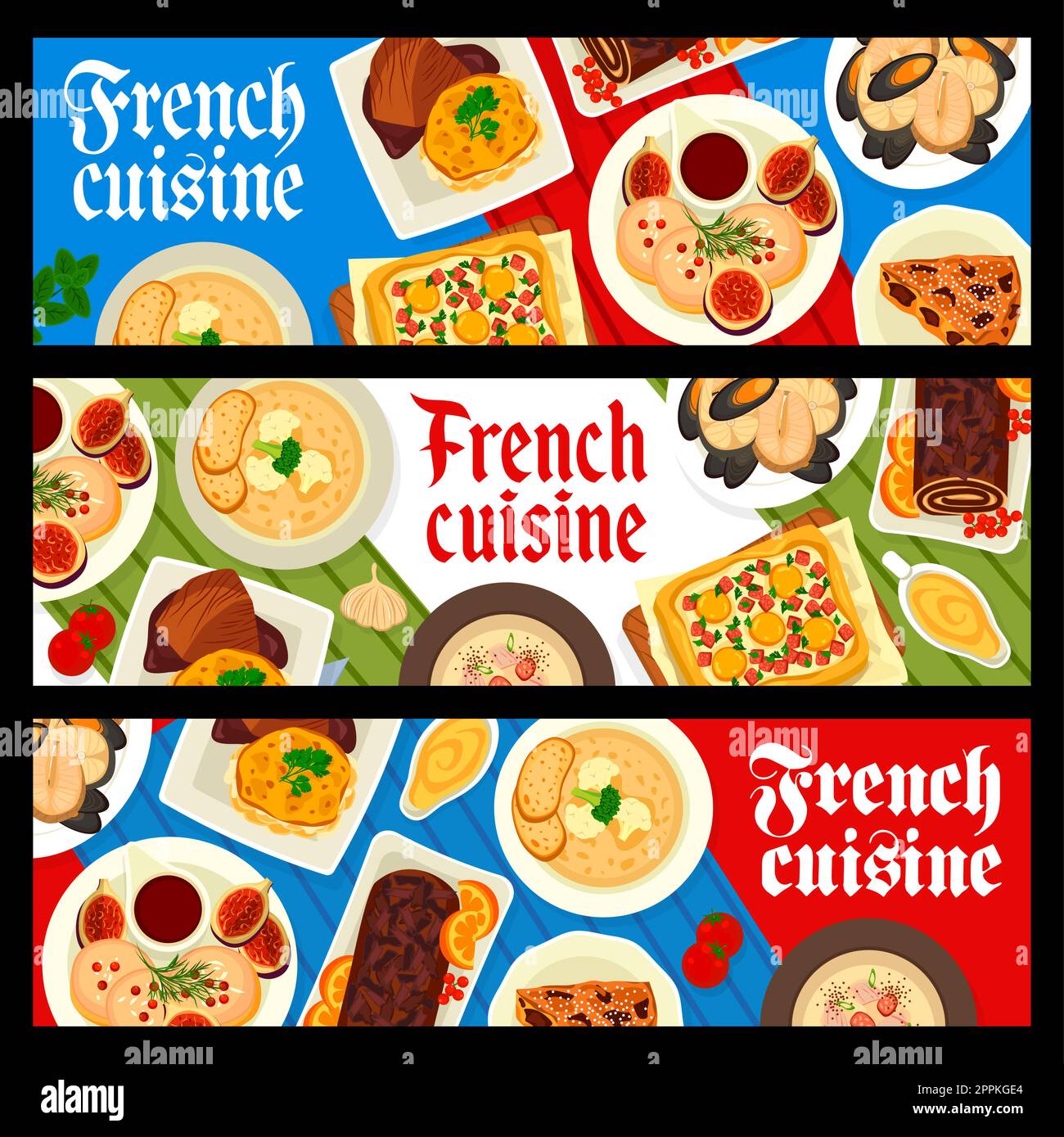 French cuisine banners, France gourmet food dishes for dinner and lunch, vector. French cuisine or Paris restaurant meals, stew and foie gras duck liv Stock Vector