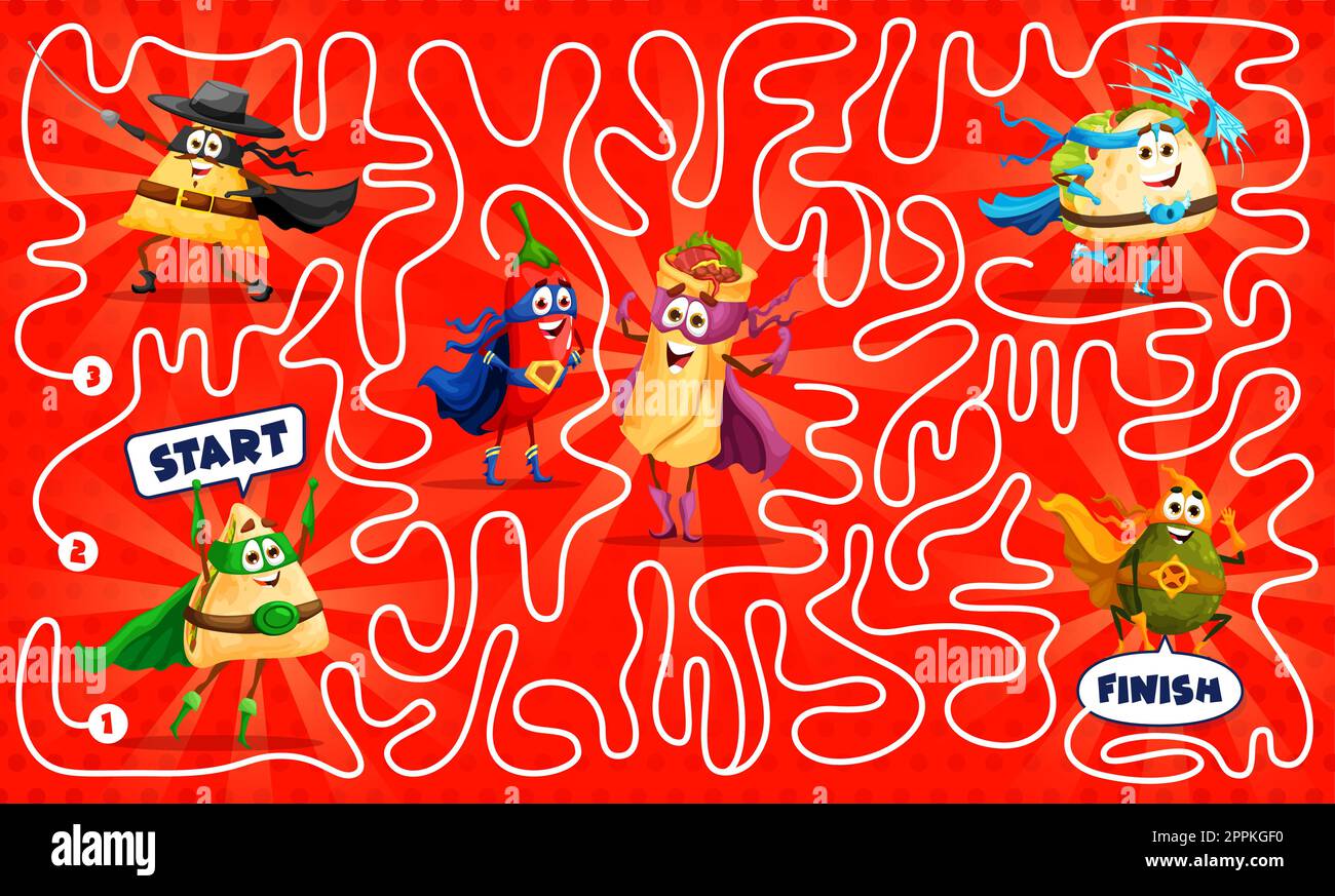 Labyrinth maze, superhero cartoon mexican tex mex food characters. Kid ...