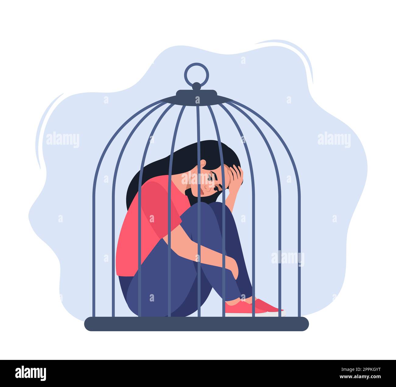Woman locked in cage. Unhappy female character sitting on floor and hugging knees. Female empowerment movement. Concept of restriction of freedom, dom Stock Vector