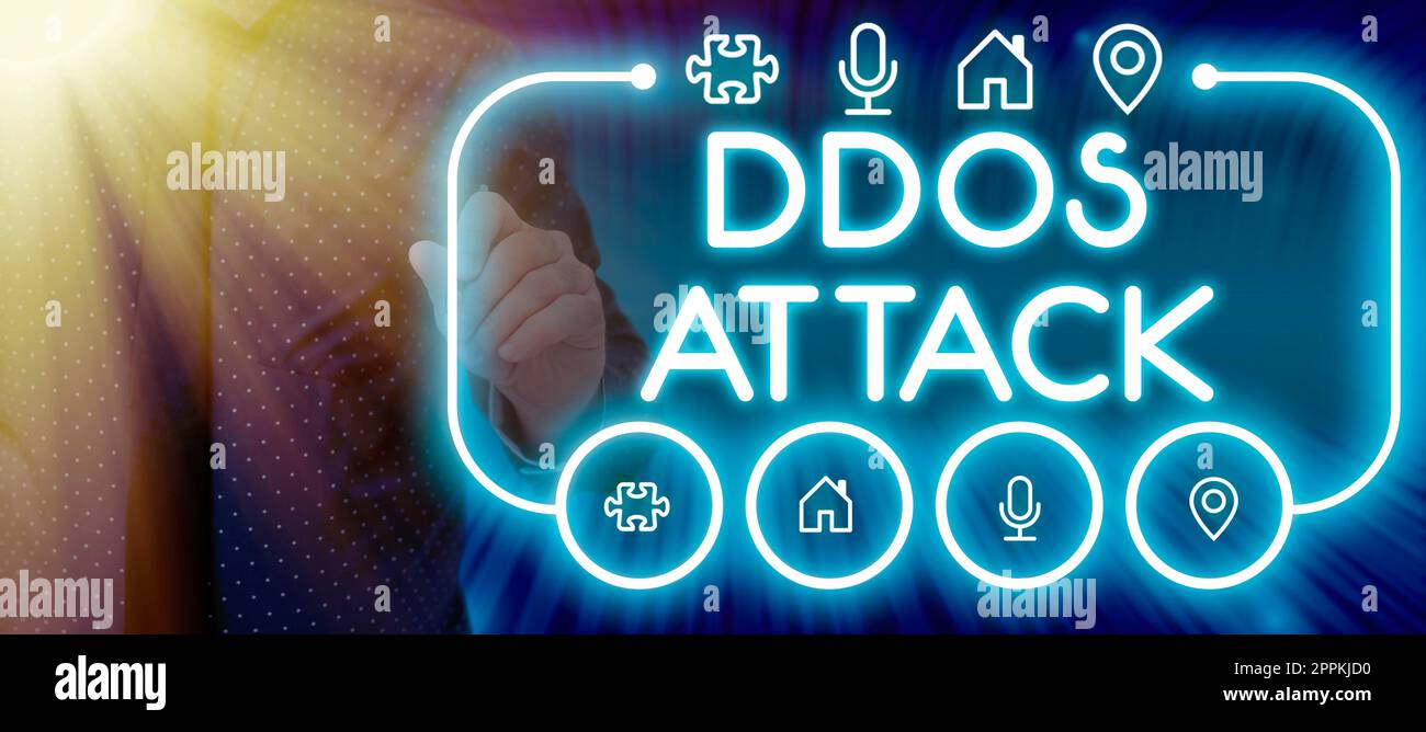 Inspiration showing sign Ddos Attack. Word Written on disturbed access to the normal server caused by malicious system Stock Photo