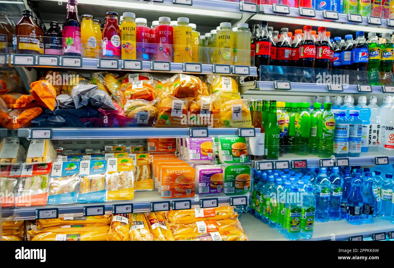 Prepackaged foods displayed in a commercial refrigerator Stock Photo