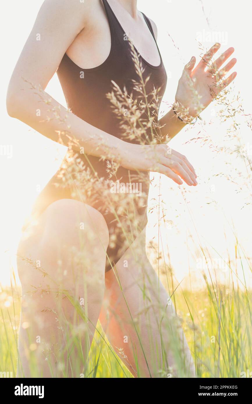 Slim woman in swimsuit in field grass scenic photography Stock Photo