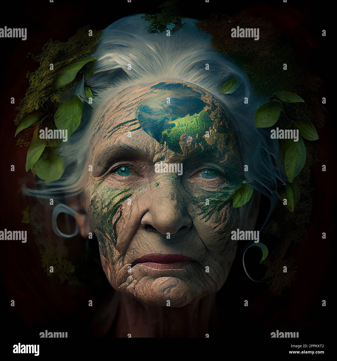 Mother earth, portrait of an old woman and nature, environment concept, protect the and